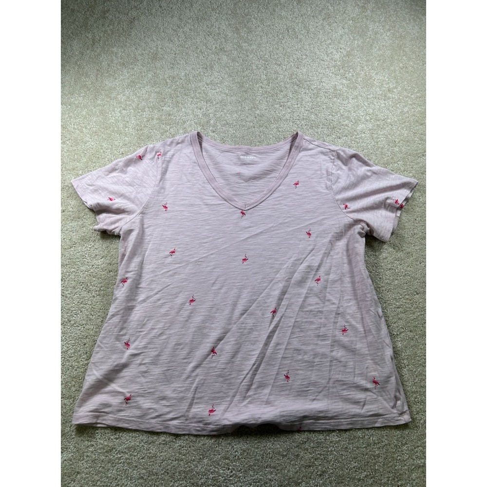 Old Navy Womens Flamingo Print Light Pink V-Neck T-Shirt Size L Cotton